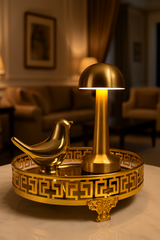 Table Decor Theme in Golden( 1 Led Lamp,1 Ceramic Bird,1 Metal Round Tray included)